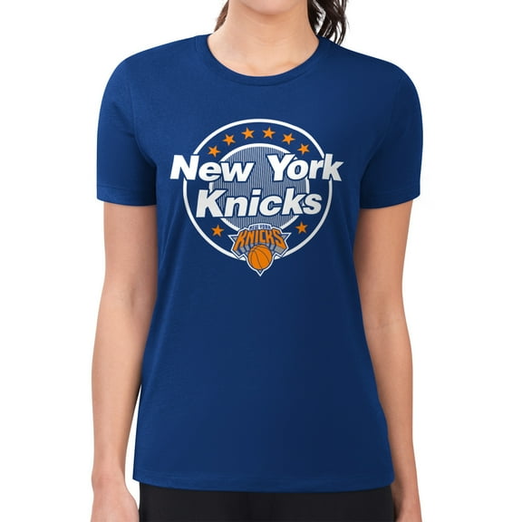 Women's G-III 4Her by Carl Banks Blue New York Knicks Super-Slim Lightweight Pinstripe Circle Graphic T-Shirt