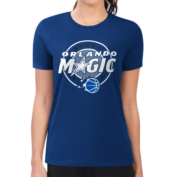 Women's G-III 4Her by Carl Banks Blue Orlando Magic Super-Slim Lightweight Pinstripe Circle Graphic T-Shirt