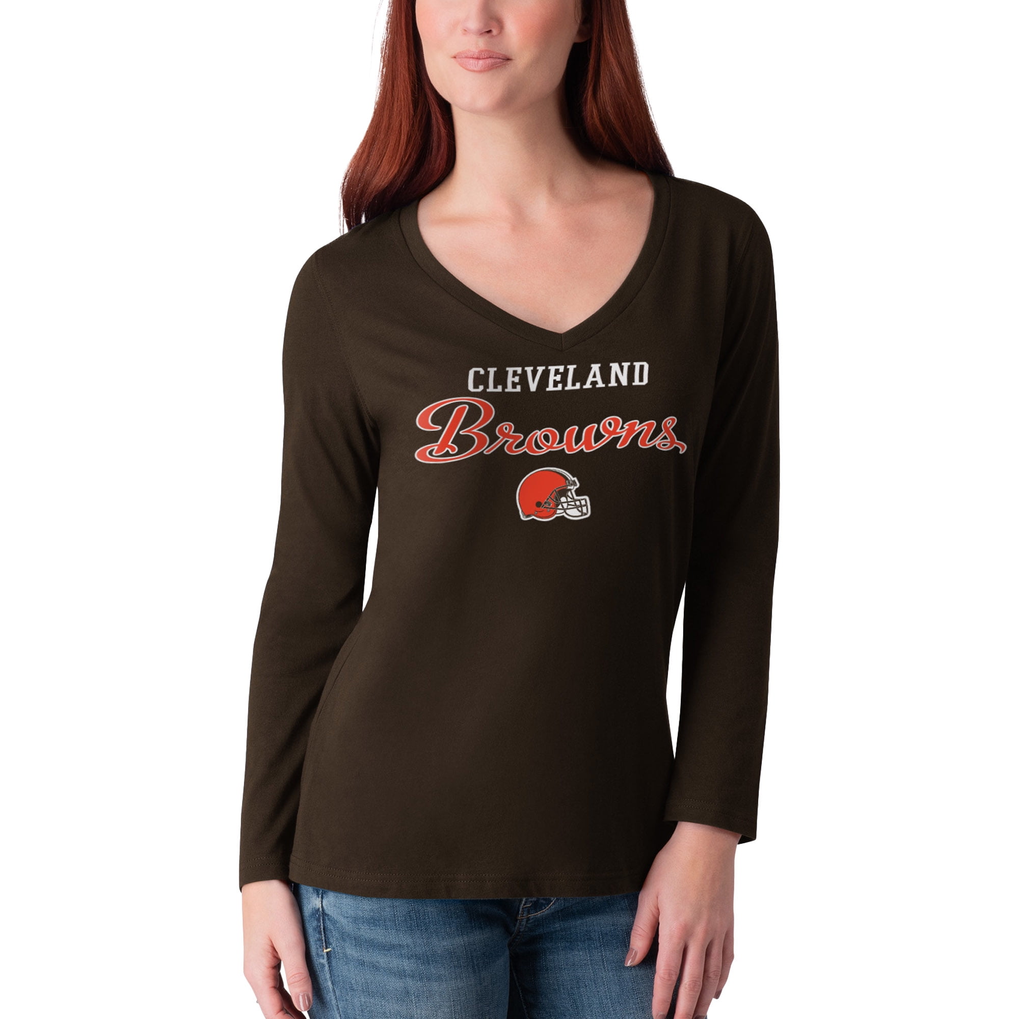 Women s G III 4Her by Carl Banks Brown Cleveland Browns Post Season Long Sleeve V Neck T Shirt