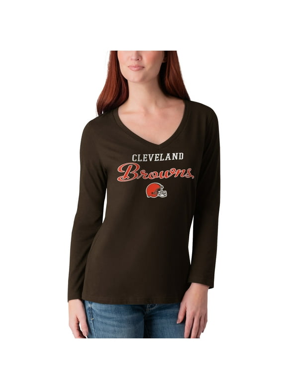 Women's G-III 4Her by Carl Banks Brown Cleveland Browns Post Season Long Sleeve V-Neck T-Shirt