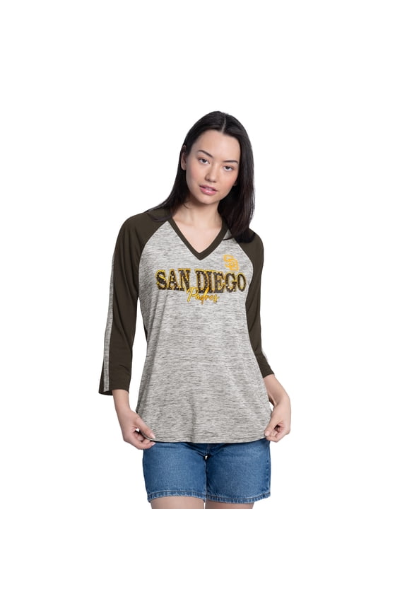 Women's G-III 4Her by Carl Banks Brown/Heather-Brown San Diego Padres Speed Training 3/4-Sleeve Rhinestone V-Neck