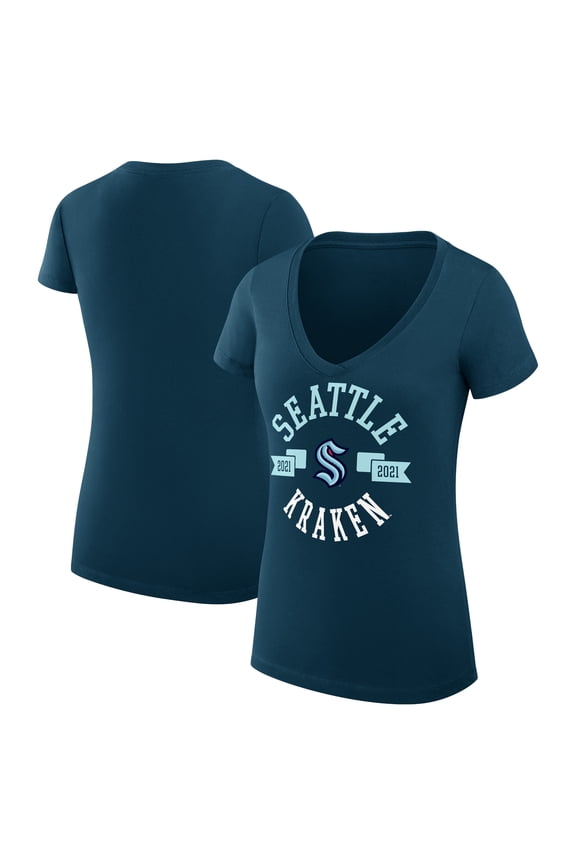 Women's G-III 4Her by Carl Banks Navy Seattle Kraken Super-Slim Fit Lightweight City Graphic V-Neck T-Shirt