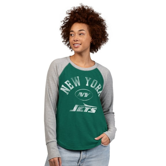 Women's G-III 4Her by Carl Banks Green/Heather Gray New York Jets Waffle Knit Raglan Long-Sleeve T-Shirt