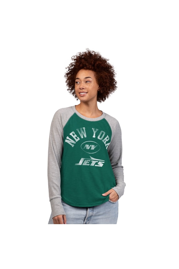Women's G-III 4Her by Carl Banks Green/Heather Gray New York Jets Waffle Knit Raglan Long-Sleeve T-Shirt