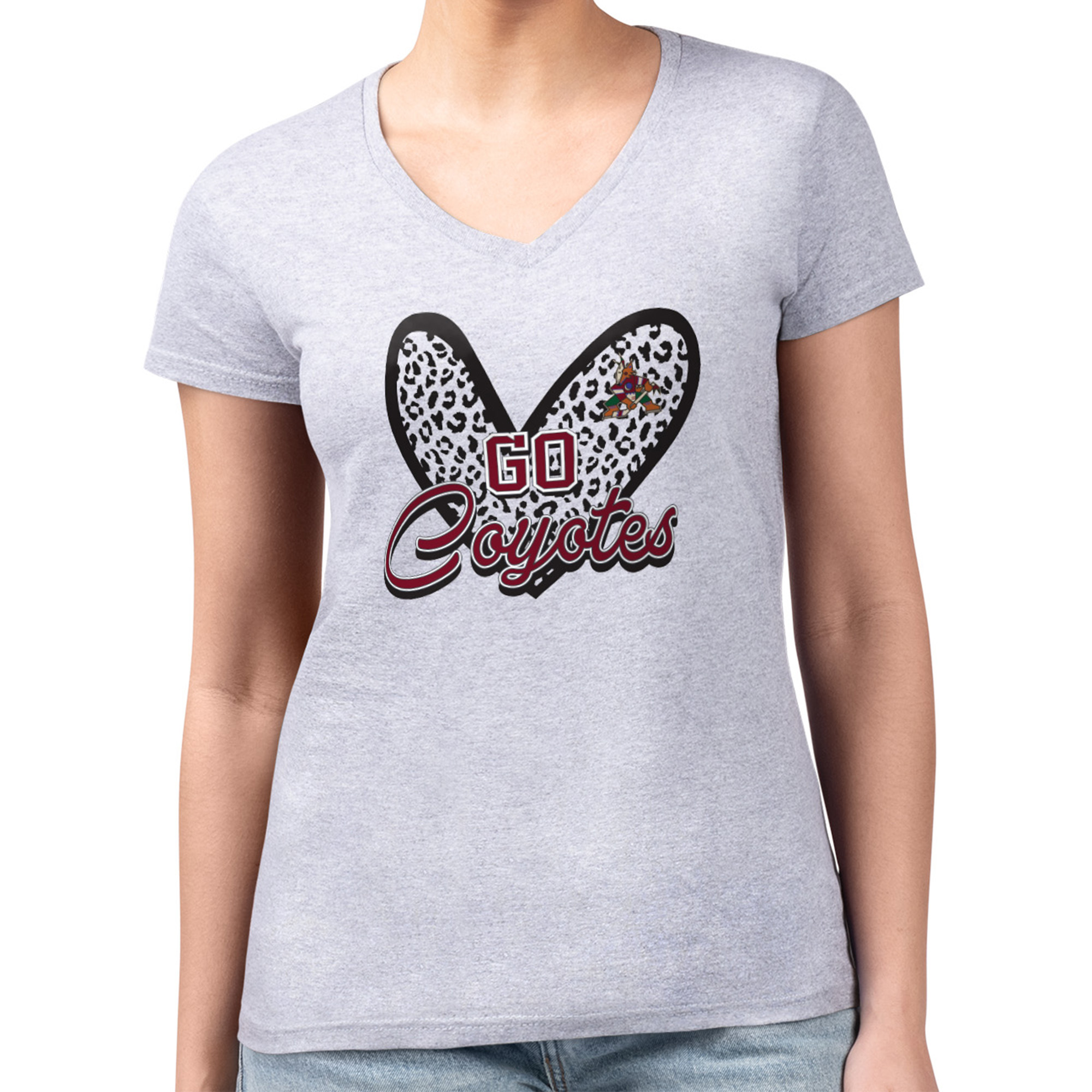 Women's G-III 4Her by Carl Banks Heather Gray Arizona Coyotes Animal Print Heart Fitted V-Neck T-Shirt