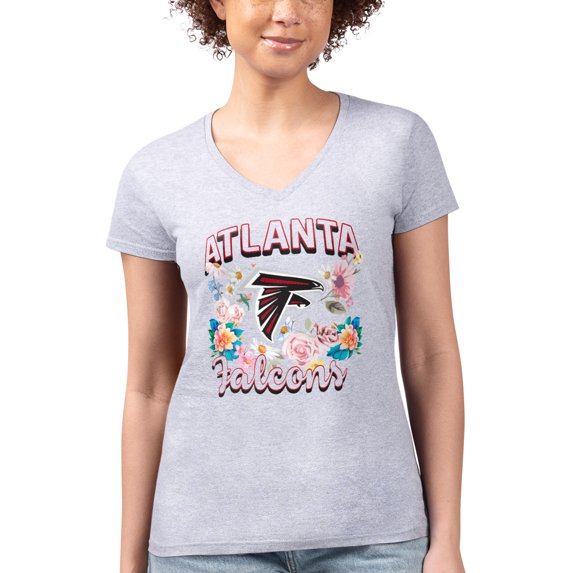 Women's G-III 4Her by Carl Banks Heather Gray Atlanta Falcons Flowers Team Logo Graphic Fitted V-Neck T-Shirt