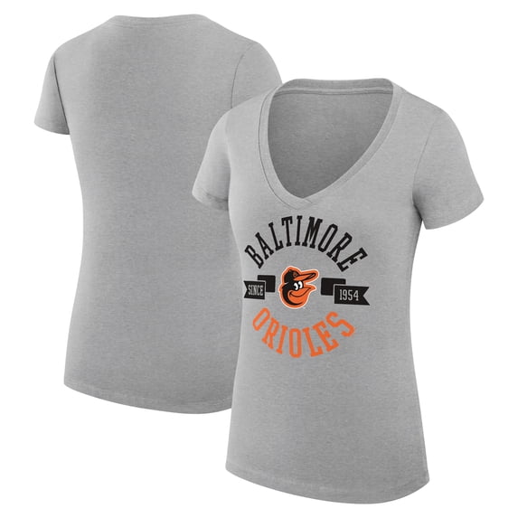 Women's G-III 4Her by Carl Banks Heather Gray Baltimore Orioles Super-Slim Fit Lightweight City Graphic V-Neck T-Shirt