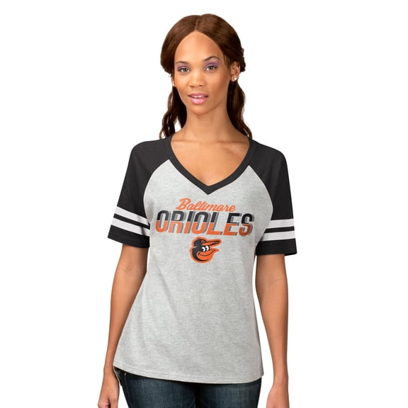 Women's G-III 4Her by Carl Banks Heather Gray Baltimore Orioles Goal Line Raglan V-Neck T-Shirt