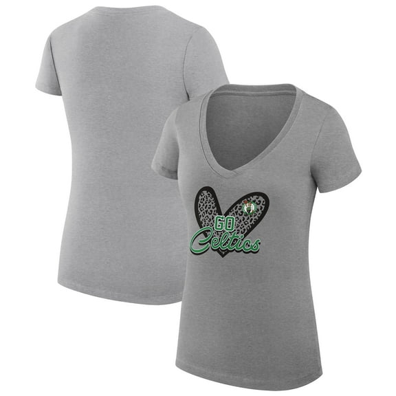 Women's G-III 4Her by Carl Banks Heather Gray Boston Celtics Super-Slim Fit Lightweight Leopard Heart V-Neck T-Shirt