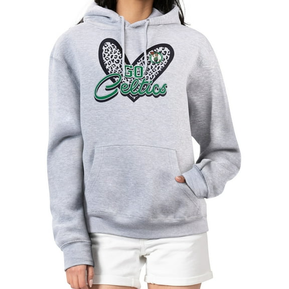 Women's G-III 4Her by Carl Banks Heather Gray Boston Celtics Leopard Heart Graphic Fleece Pullover Hoodie