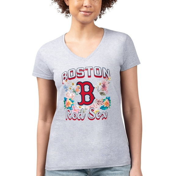 Women's G-III 4Her by Carl Banks Heather Gray Boston Red Sox Super-Slim Fit Lightweight Flowers Graphic V-Neck T-Shirt