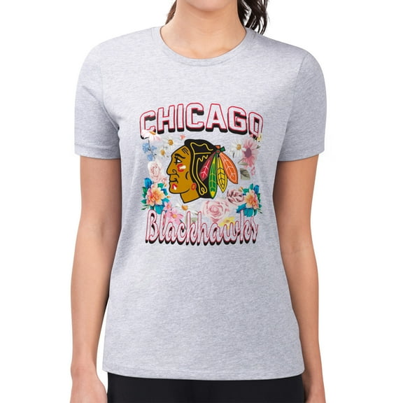 Women's G-III 4Her by Carl Banks Heather Gray Chicago Blackhawks Super-Slim Fit Lightweight Flower Logo T-Shirt