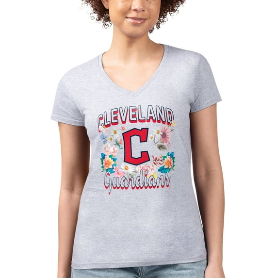 Women's G-III 4Her by Carl Banks Heather Gray Cleveland Guardians Flowers Graphic Fitted V-Neck T-Shirt