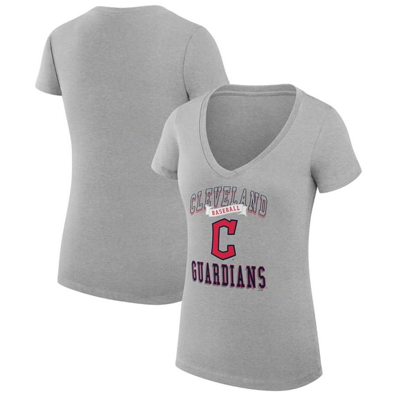 Women's G-III 4Her by Carl Banks Heather Gray Cleveland Guardians Super-Slim Fit Lightweight Team Logo Graphic V-Neck