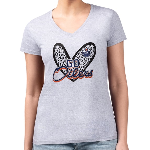 Women's G-III 4Her by Carl Banks Heather Gray Edmonton Oilers Super-Slim Fit Lightweight Animal Print Heart V-Neck