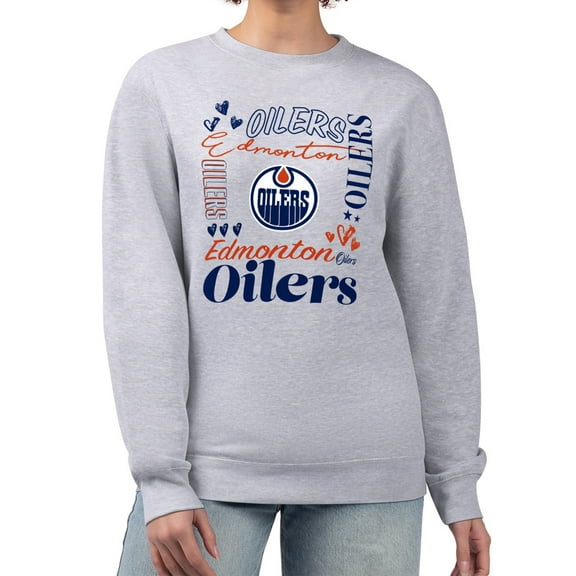 Women's G-III 4Her by Carl Banks Heather Gray Edmonton Oilers Collage Graphic Fleece Long Sleeve Pullover Sweatshirt