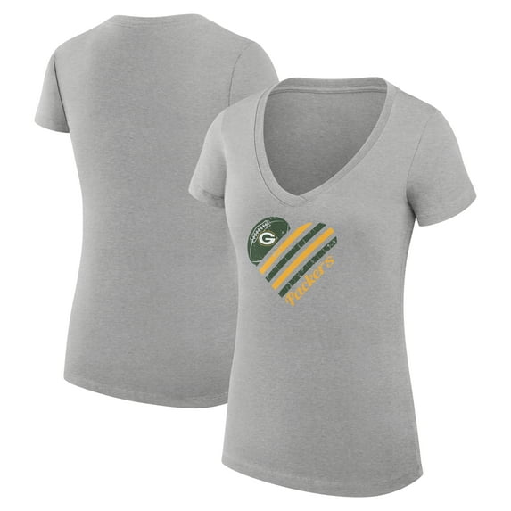 Women's G-III 4Her by Carl Banks Heather Gray Green Bay Packers Heart Graphic V-Neck Fitted T-Shirt