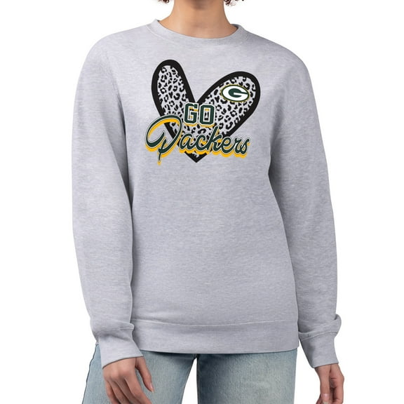 Women's G-III 4Her by Carl Banks Heather Gray Green Bay Packers Leopard Heart Pullover Sweatshirt