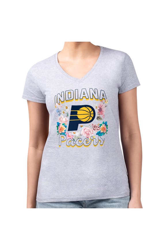 Women's G-III 4Her by Carl Banks Heather Gray Indiana Pacers Super-Slim Fit Lightweight Flowers Team Logo Graphic V-Neck