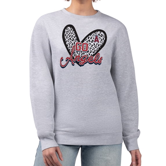 Women's G-III 4Her by Carl Banks Heather Gray Los Angeles Angels Leopard Heart Pullover Sweatshirt