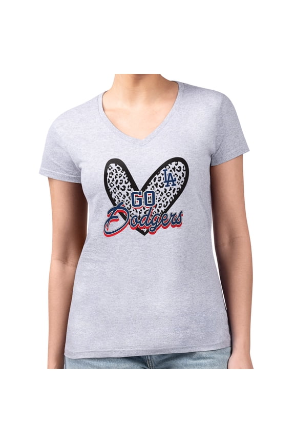 Women's G-III 4Her by Carl Banks Heather Gray Los Angeles Dodgers Super-Slim Fit Lightweight Leopard Heart V-Neck