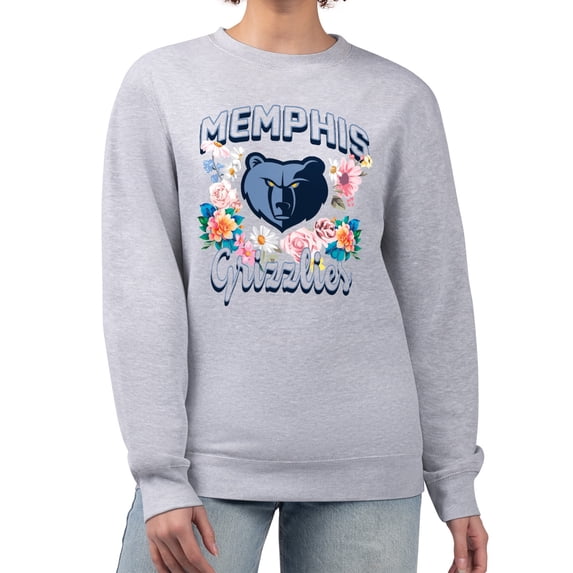 Women's G-III 4Her by Carl Banks Heather Gray Memphis Grizzlies Flowers Team Logo Graphic Fleece Crewneck Pullover
