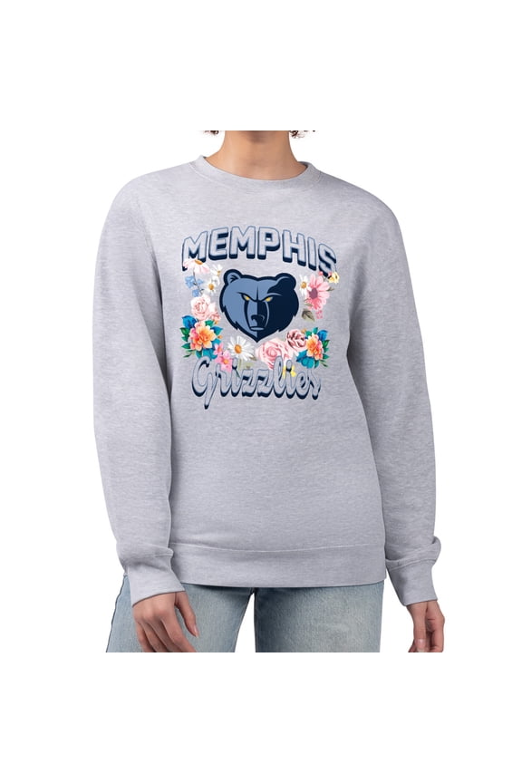 Women's G-III 4Her by Carl Banks Heather Gray Memphis Grizzlies Flowers Team Logo Graphic Fleece Crewneck Pullover