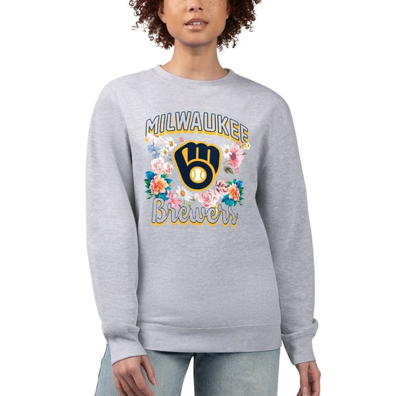 Women's G-III 4Her by Carl Banks Heather Gray Milwaukee Brewers Flowers Graphic Pullover Sweatshirt