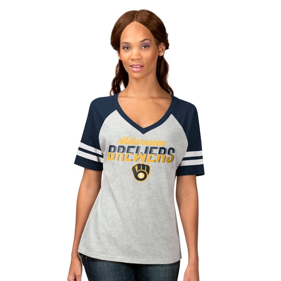 Women's G-III 4Her by Carl Banks Heather Gray Milwaukee Brewers Goal Line Raglan V-Neck T-Shirt