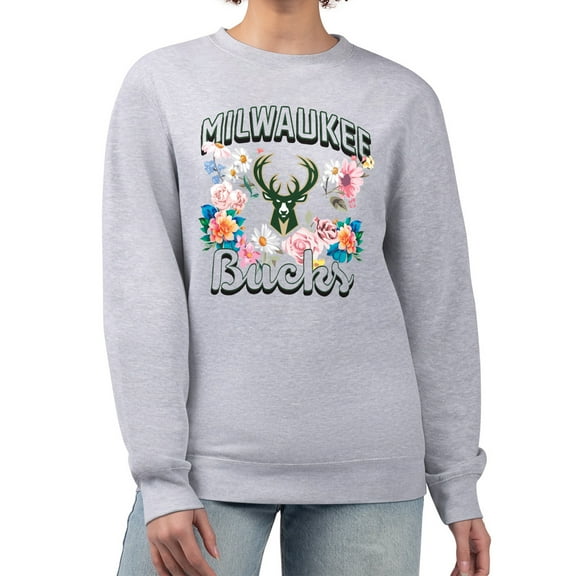 Women's G-III 4Her by Carl Banks Heather Gray Milwaukee Bucks Flowers Team Logo Graphic Fleece Crewneck Pullover
