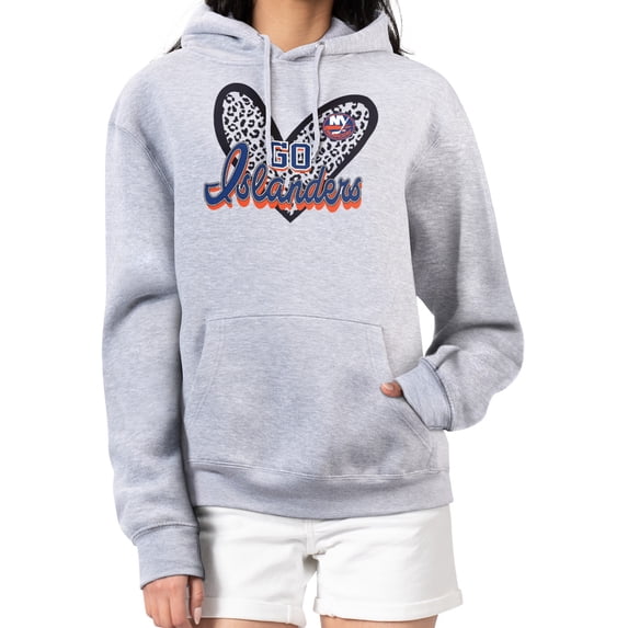 Women's G-III 4Her by Carl Banks Heather Gray New York Islanders Animal Print Heart Fleece Pullover Hoodie