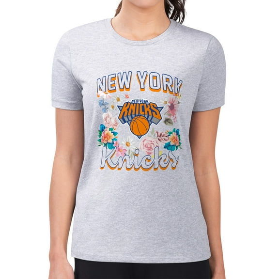 Women's G-III 4Her by Carl Banks Heather Gray New York Knicks Super-Slim Fit Lightweight Flowers Team Logo Graphic