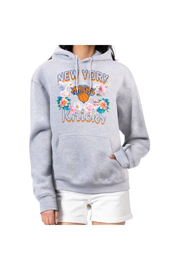 Women's G-III 4Her by Carl Banks Heather Gray New York Knicks Flowers Team Logo Graphic Fleece Pullover Hoodie
