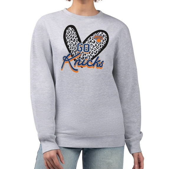 Women's G-III 4Her by Carl Banks Heather Gray New York Knicks Leopard Heart Fleece Pullover Sweatshirt