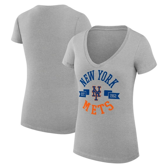 Women's G-III 4Her by Carl Banks Heather Gray New York Mets Super-Slim Fit Lightweight City Graphic V-Neck T-Shirt