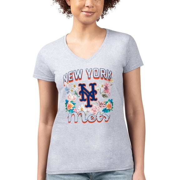 Women's G-III 4Her by Carl Banks Heather Gray New York Mets Super-Slim Fit Lightweight Flowers Graphic V-Neck T-Shirt