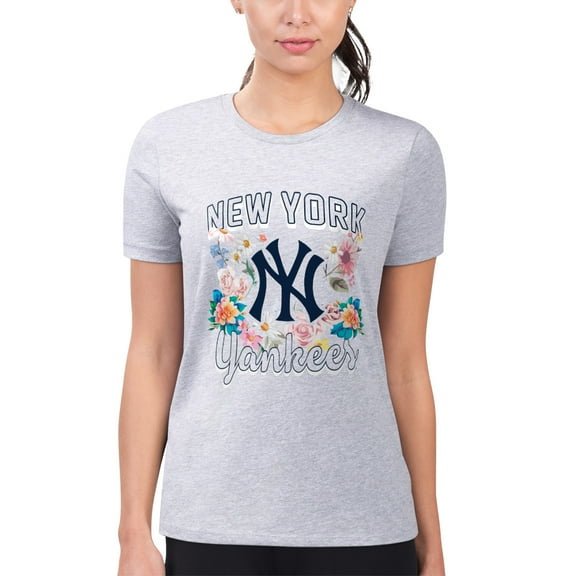 Women's G-III 4Her by Carl Banks Heather Gray New York Yankees Super-Slim Fit Lightweight Flowers Graphic T-Shirt