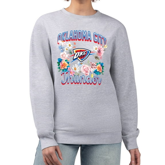 Women's G-III 4Her by Carl Banks Heather Gray Oklahoma City Thunder Flowers Team Logo Graphic Fleece Crewneck Pullover