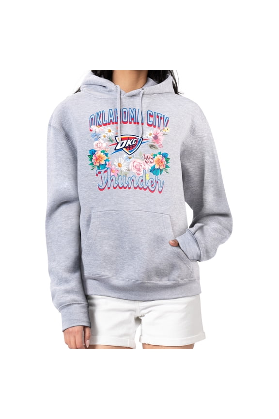 Women's G-III 4Her by Carl Banks Heather Gray Oklahoma City Thunder Flowers Team Logo Graphic Fleece Pullover Hoodie