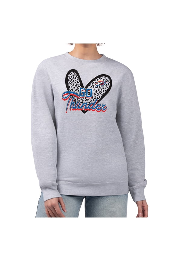 Women's G-III 4Her by Carl Banks Heather Gray Oklahoma City Thunder Leopard Heart Fleece Pullover Sweatshirt