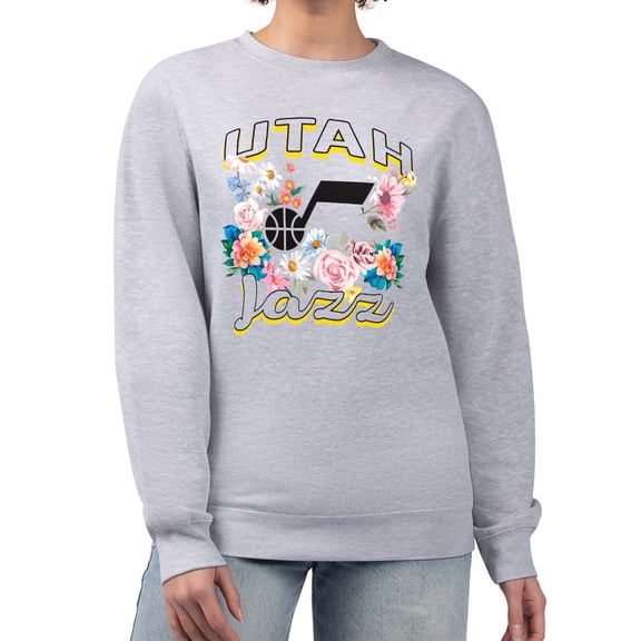 Women's G-III 4Her by Carl Banks Heather Gray Utah Jazz Flowers Team Logo Graphic Fleece Crewneck Pullover Sweatshirt