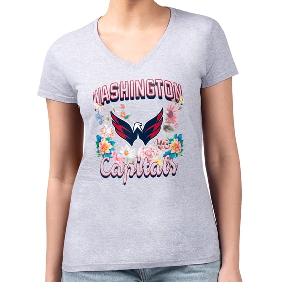 Women's G-III 4Her by Carl Banks Heather Gray Washington Capitals Super-Slim Fit Lightweight Flower Logo V-Neck T-Shirt
