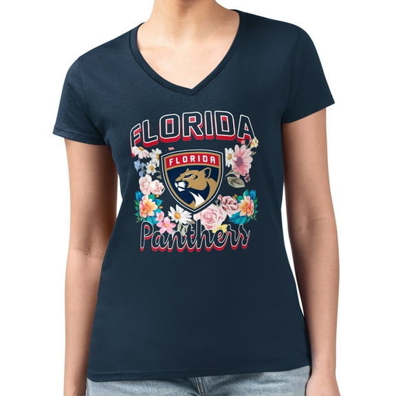 Women's G-III 4Her by Carl Banks Navy Florida Panthers Super-Slim Fit Lightweight Flower Logo V-Neck T-Shirt