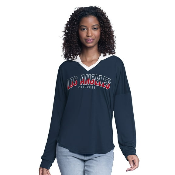 Women's G-III 4Her by Carl Banks Navy LA Clippers Bench Player Oversized Long Sleeve Hooded Top