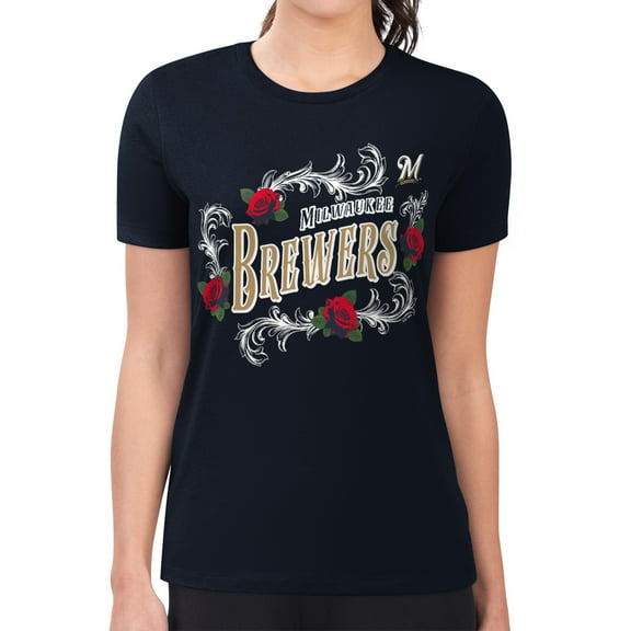 Women's G-III 4Her by Carl Banks Navy Milwaukee Brewers Super-Slim Fit Lightweight Retro Roses T-Shirt