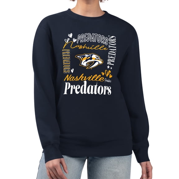 Women's G-III 4Her by Carl Banks Navy Nashville Predators Collage Graphic Fleece Long Sleeve Pullover Sweatshirt