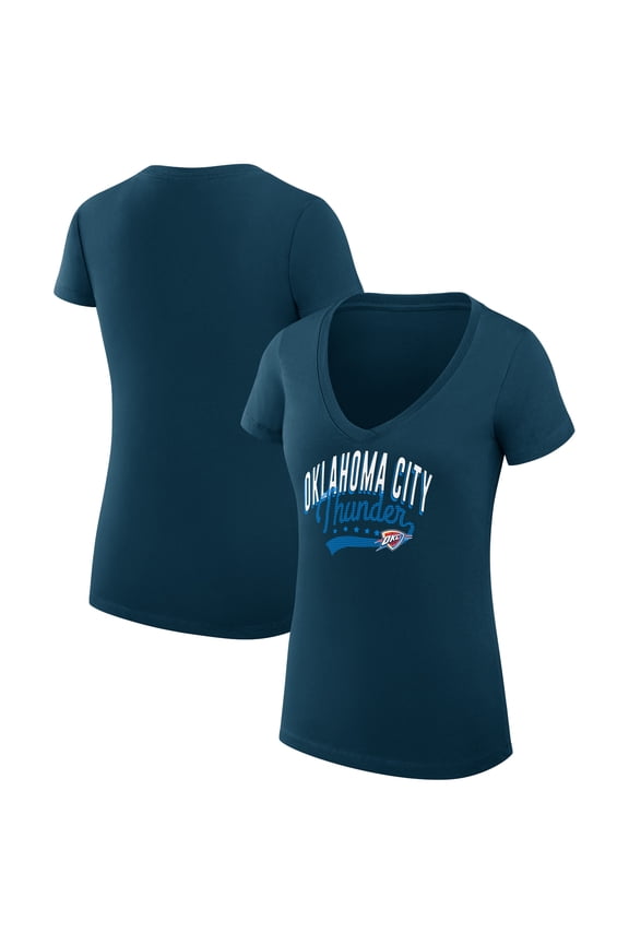 Women's G-III 4Her by Carl Banks Navy Oklahoma City Thunder Super-Slim Fit Lightweight Filigree Logo V-Neck T-Shirt