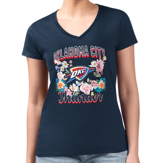 Women's G-III 4Her by Carl Banks Navy Oklahoma City Thunder Super-Slim Fit Lightweight Flowers Team Logo Graphic V-Neck