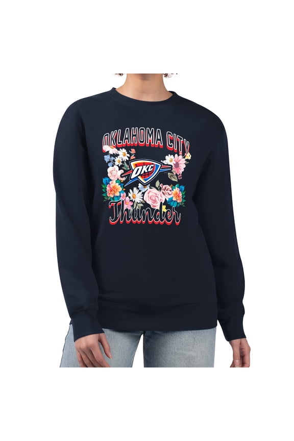Women's G-III 4Her by Carl Banks Navy Oklahoma City Thunder Flowers Team Logo Graphic Fleece Crewneck Pullover