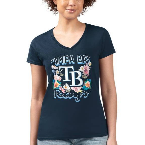 Women's G-III 4Her by Carl Banks Navy Tampa Bay Rays Super-Slim Fit Lightweight Flowers Graphic V-Neck T-Shirt